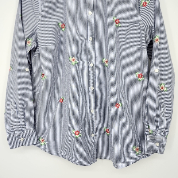 Charter Club Womens Button Front Top Size 10 Blue White Stripe All Over Flowers - Picture 3 of 8